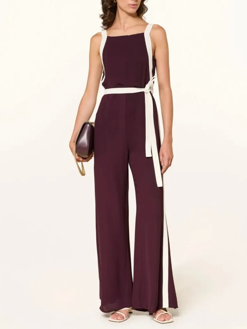 REISS Salma Colourblock Wide Leg Belted Jumpsuit 6/8/12 Burgundy/Cream - Picture 5 of 11